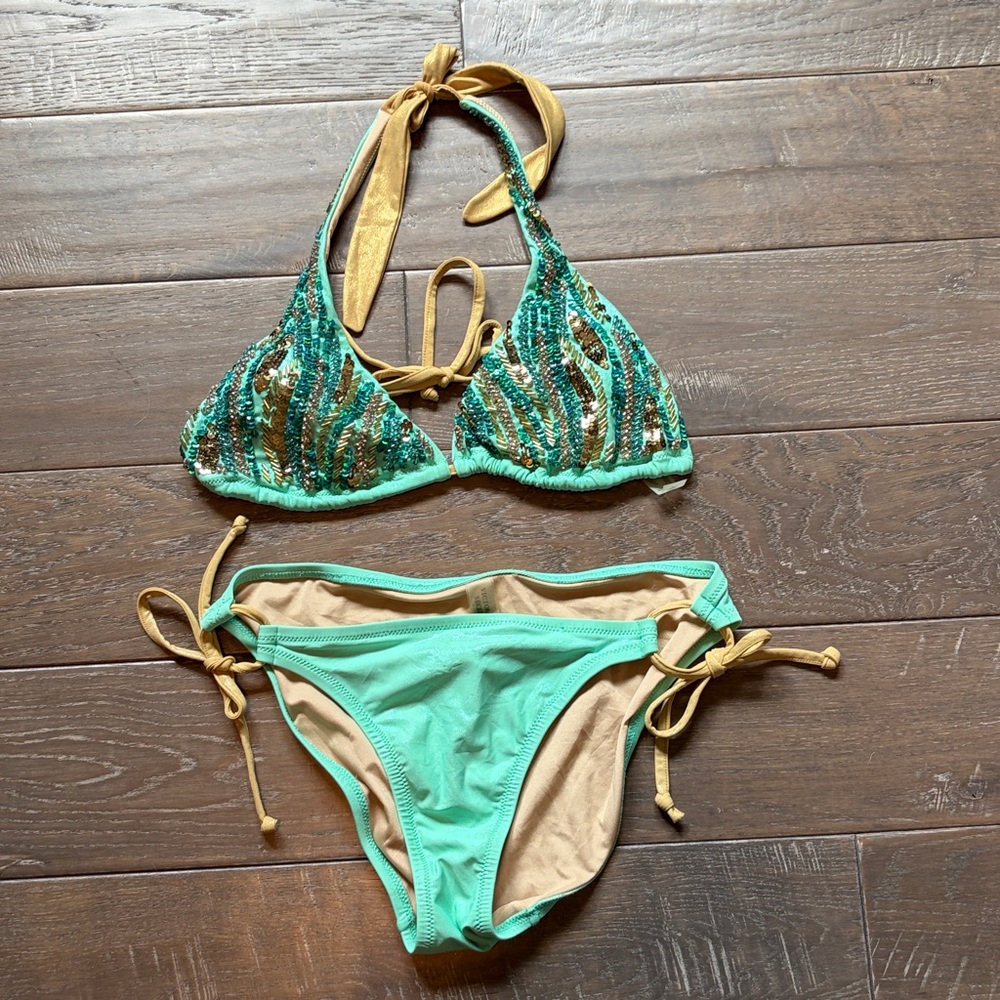 Victoria’s Secret Sequined Aqua & Gold top and non sequined bottoms  Bikini